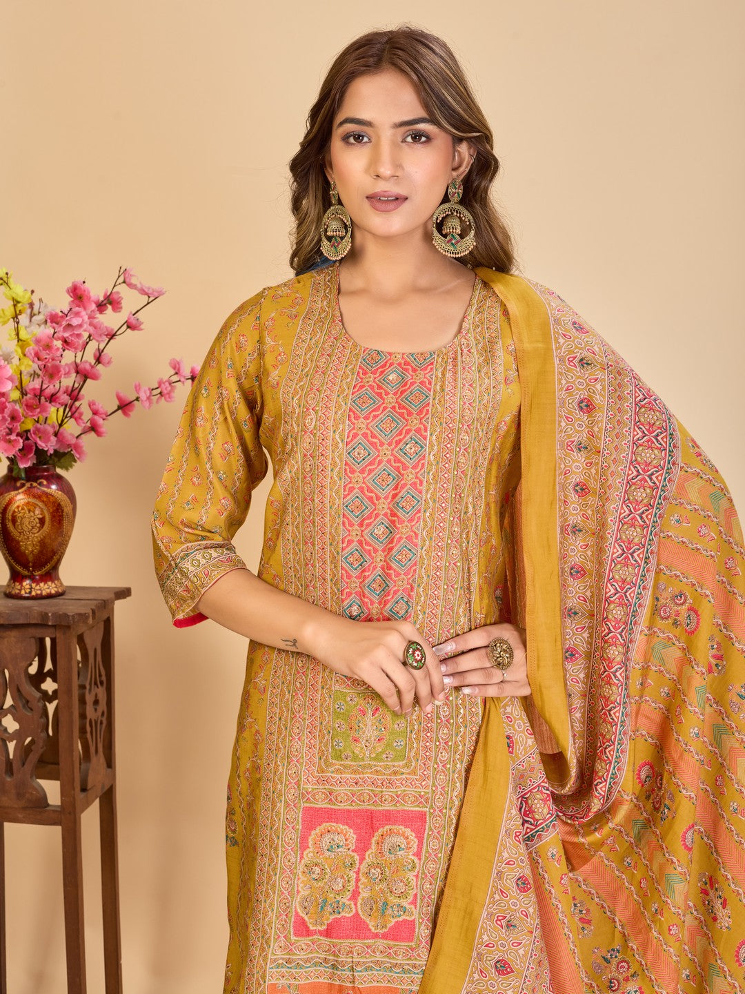 Larqi Women Chanderi Mustard 3 Pcs Set