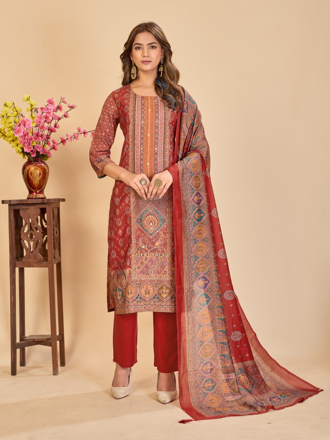 Larqi Women Chanderi Maroon 3 Pcs Set