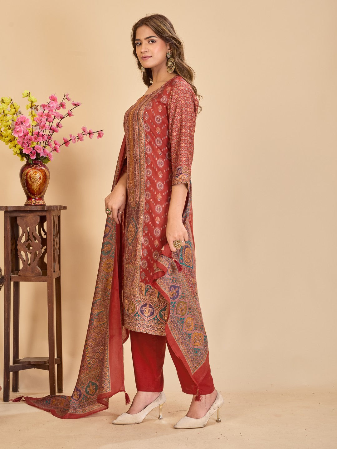 Larqi Women Chanderi Maroon 3 Pcs Set