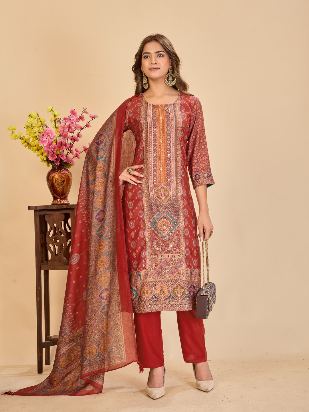Larqi Women Chanderi Maroon 3 Pcs Set