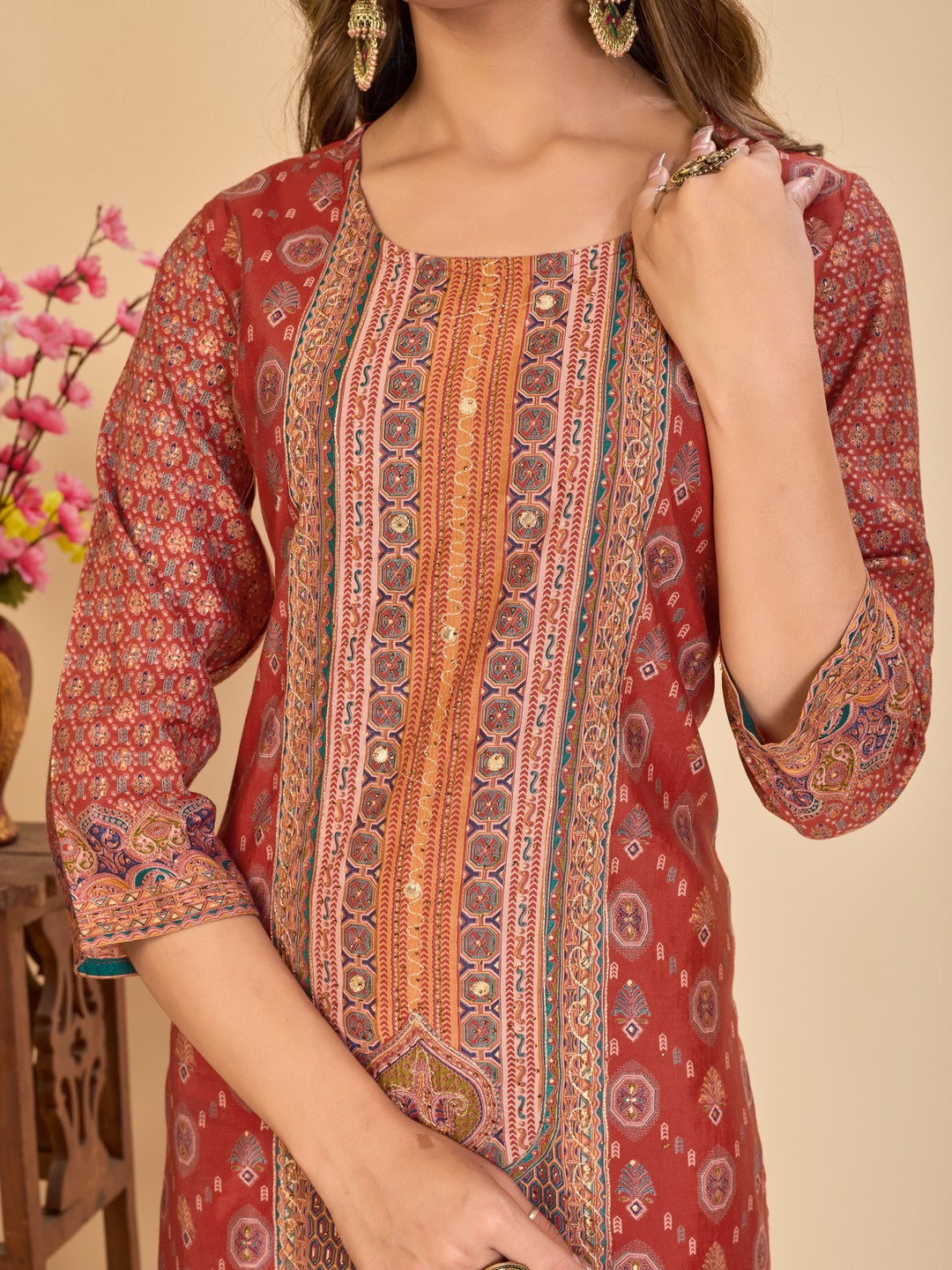 Larqi Women Chanderi Maroon 3 Pcs Set