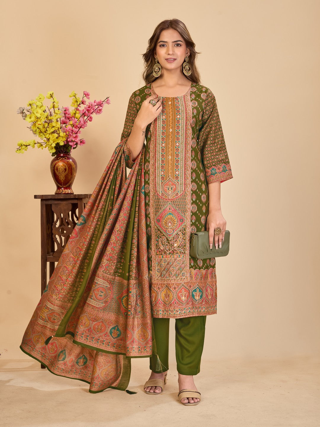 Larqi Women Chanderi Olive 3 Pcs Set