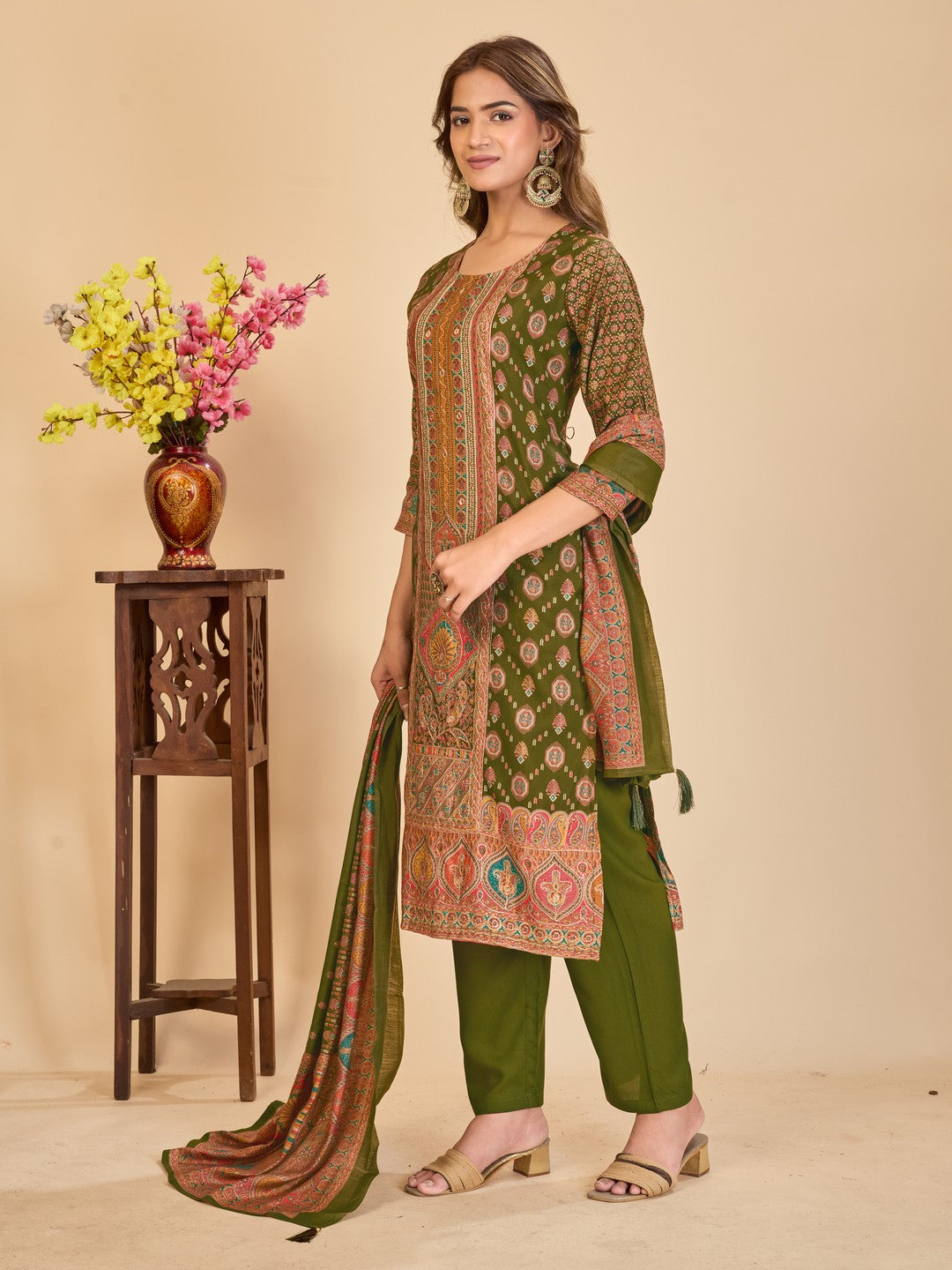 Larqi Women Chanderi Olive 3 Pcs Set