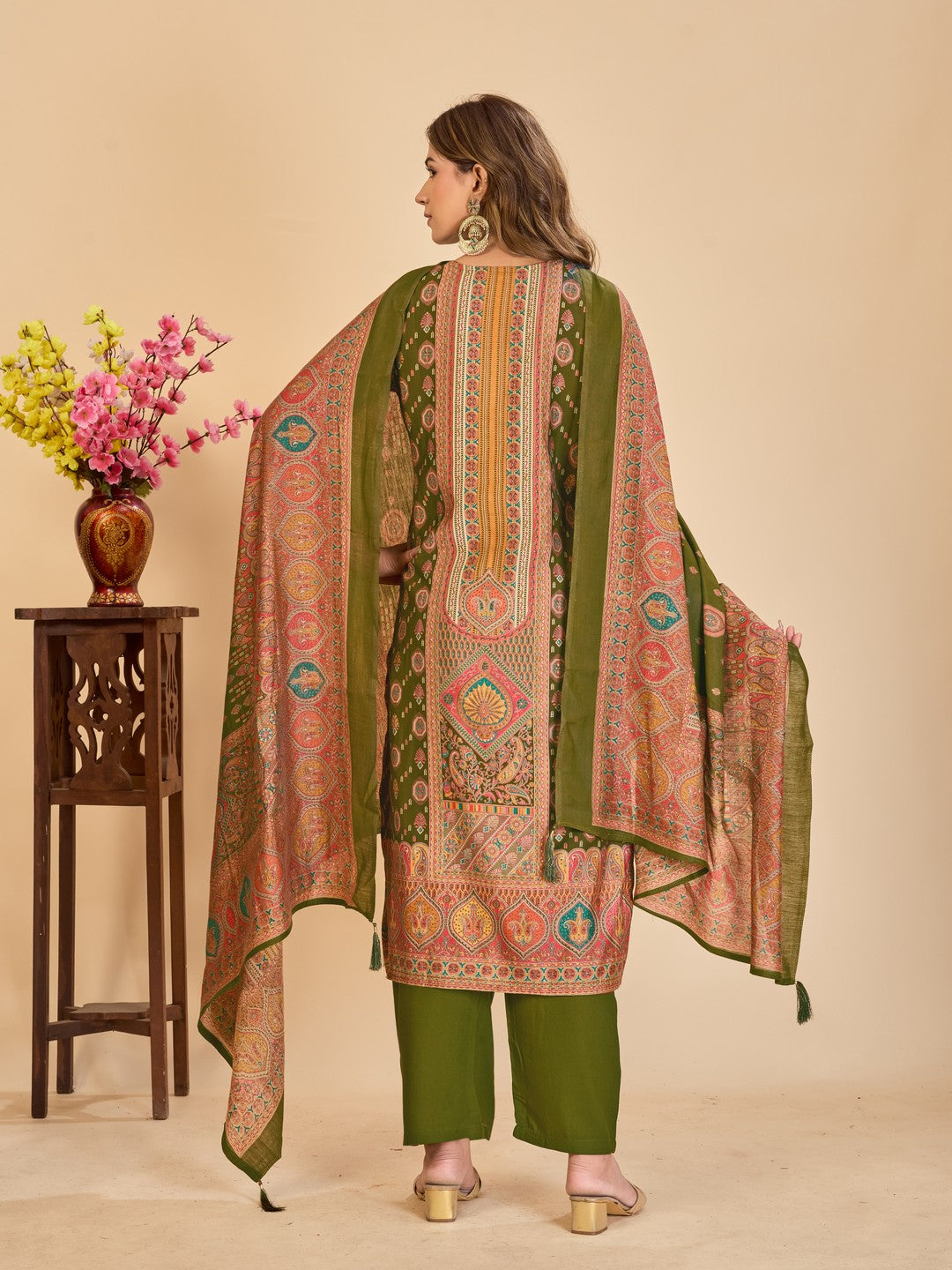 Larqi Women Chanderi Olive 3 Pcs Set