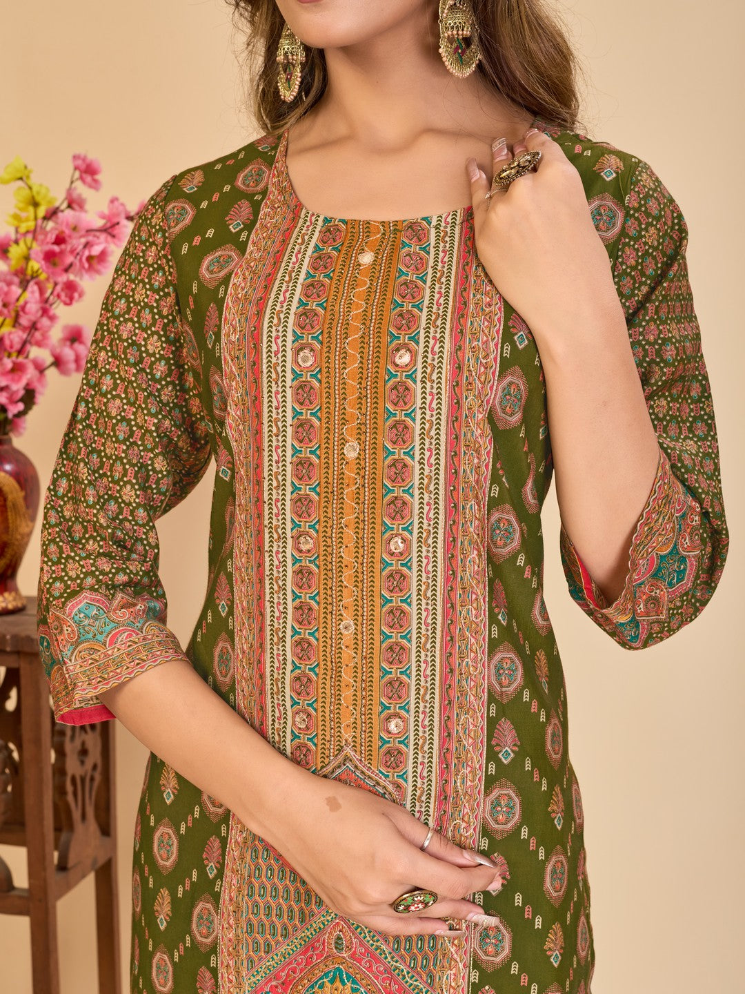 Larqi Women Chanderi Olive 3 Pcs Set