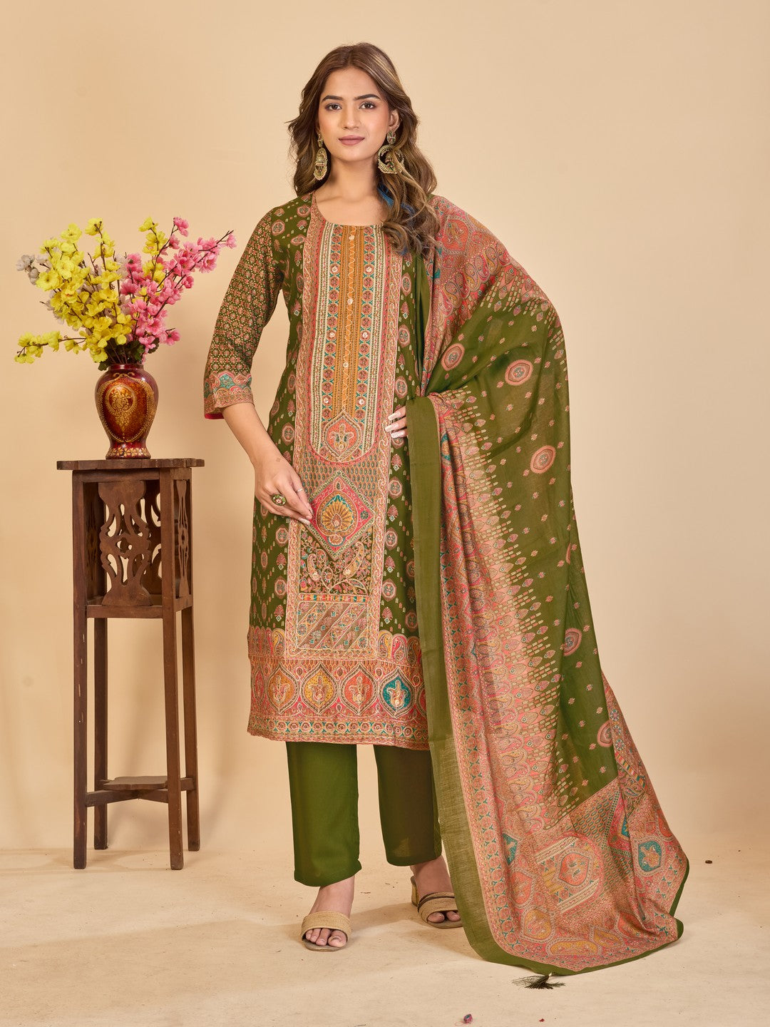 Larqi Women Chanderi Olive 3 Pcs Set