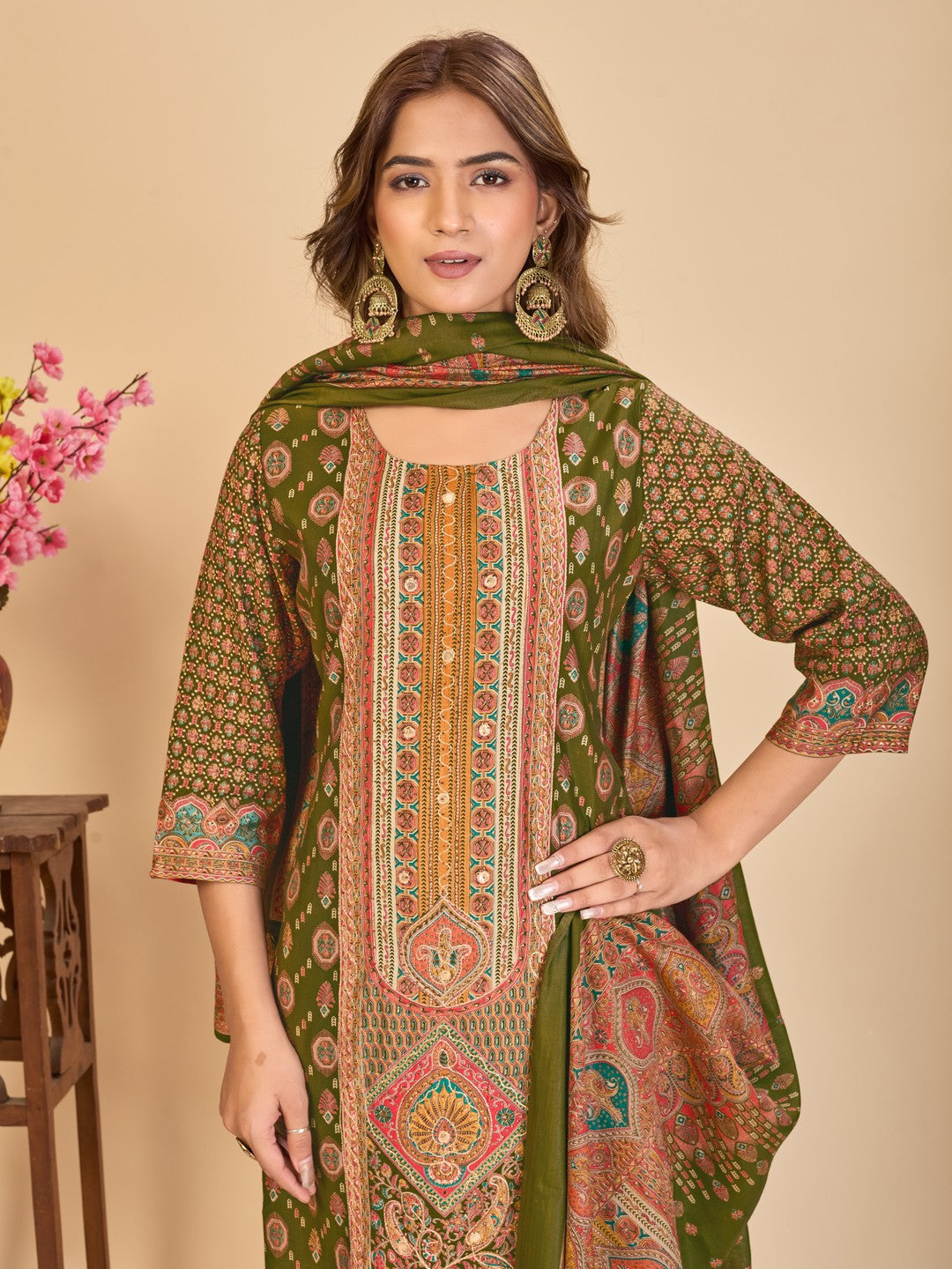 Larqi Women Chanderi Olive 3 Pcs Set