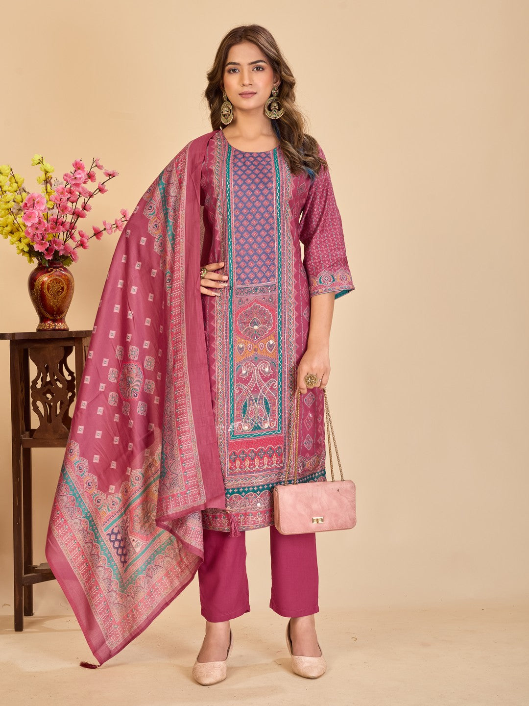 Larqi Women Chanderi Burgundy 3 Pcs Set