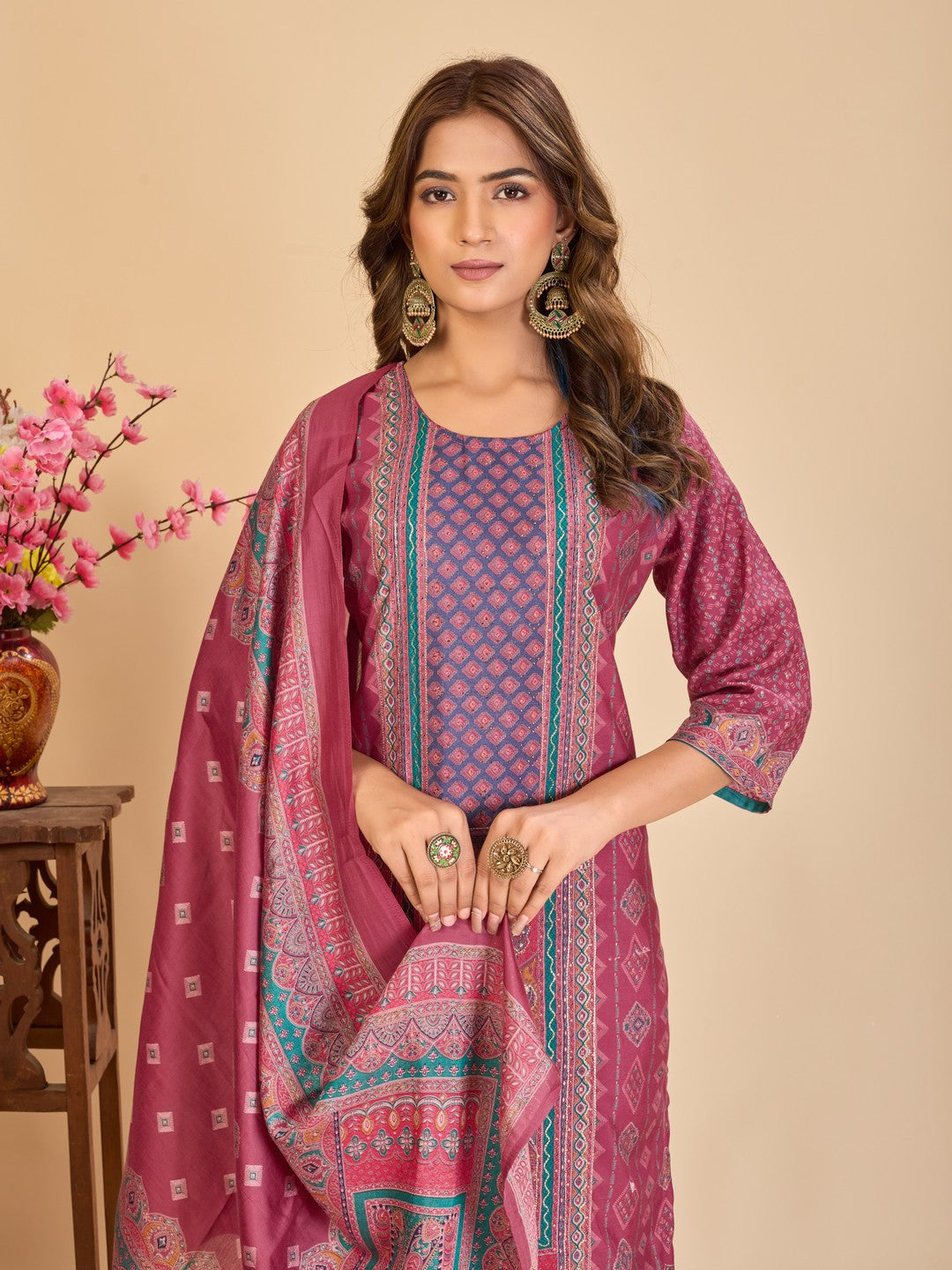 Larqi Women Chanderi Burgundy 3 Pcs Set