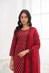 Larqi Women Pure Cotton Maroon 3 Pcs Set