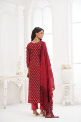 Larqi Women Pure Cotton Maroon 3 Pcs Set
