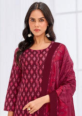 Larqi Women Pure Cotton Maroon 3 Pcs Set