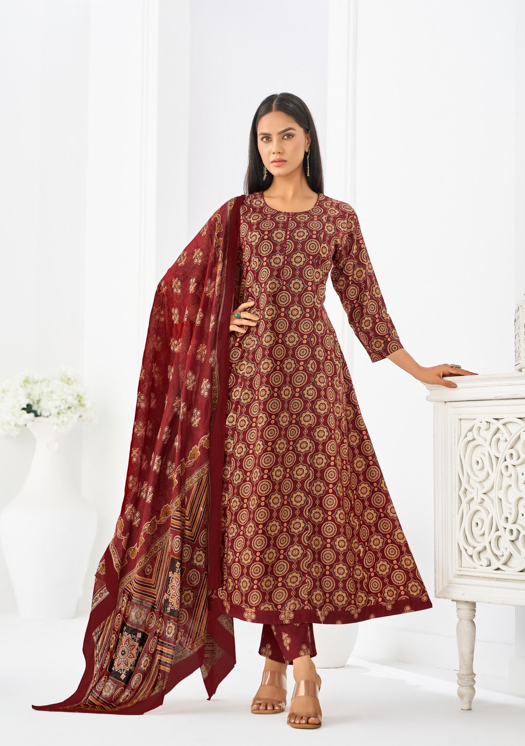 Larqi Women Pure Cotton Maroon 3 Pcs Set