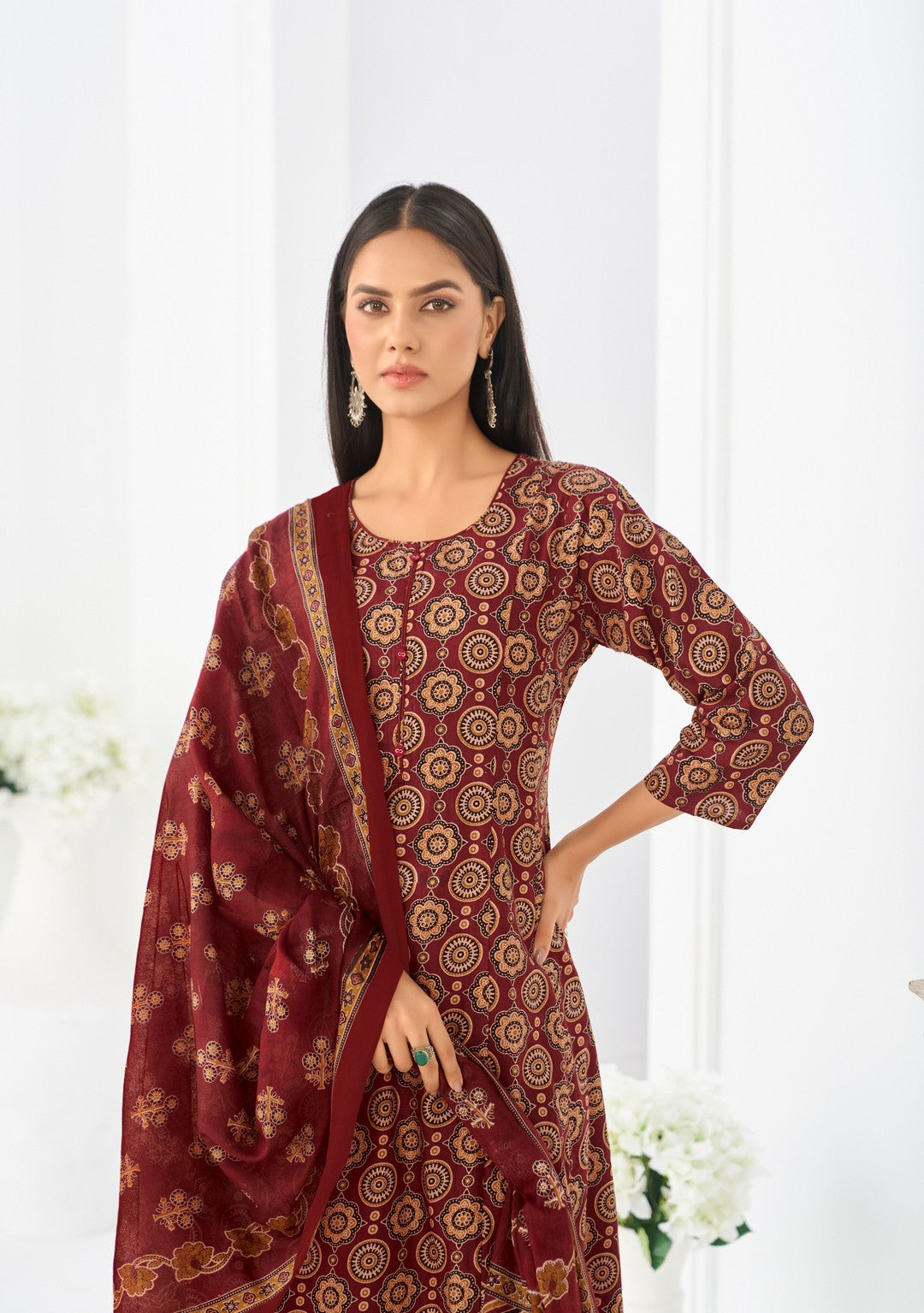 Larqi Women Pure Cotton Maroon 3 Pcs Set