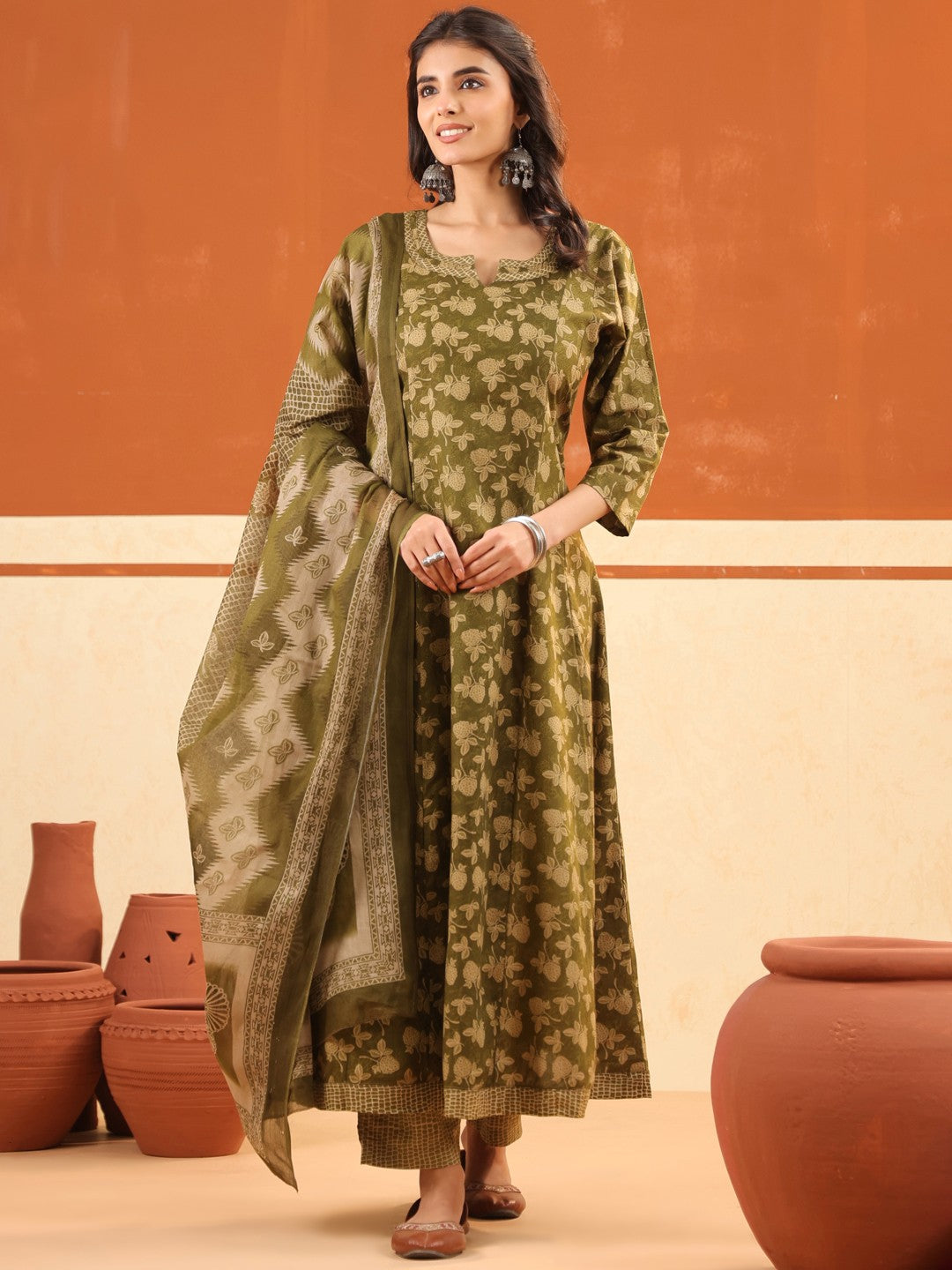 Larqi Women Pure Cotton Olive 3 Pcs Set