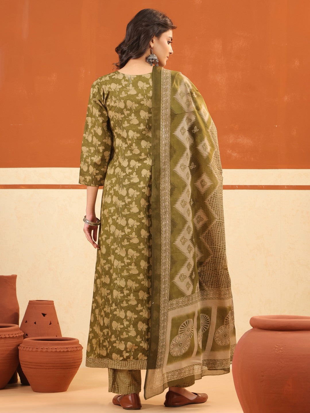 Larqi Women Pure Cotton Olive 3 Pcs Set