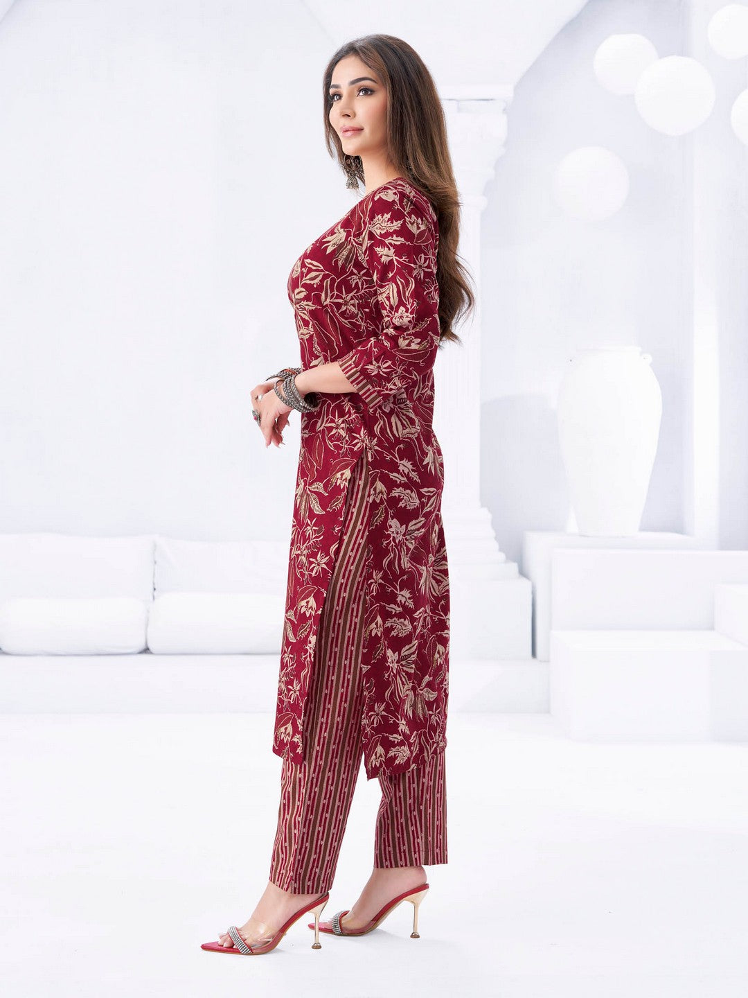 Larqi Women Pure Cotton Maroon 3 Pcs Set