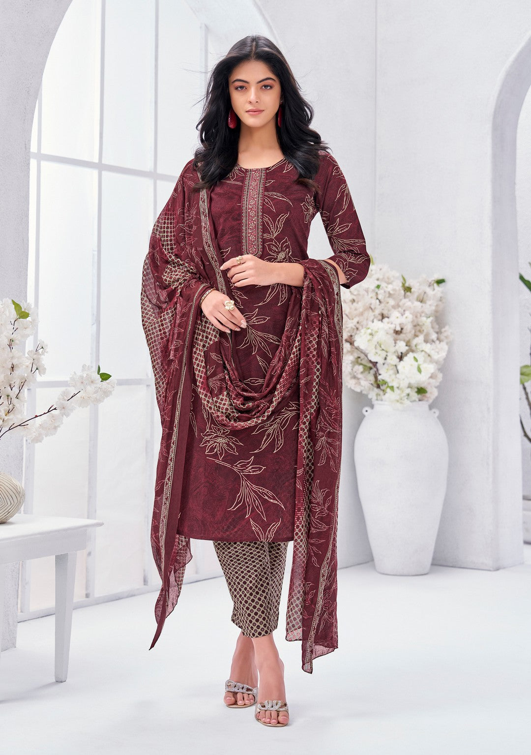 Larqi Women Pure Cotton Maroon 3 Pcs Set