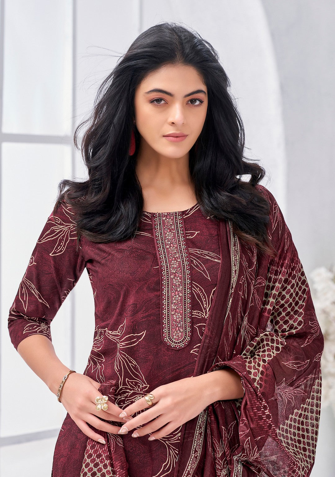Larqi Women Pure Cotton Maroon 3 Pcs Set