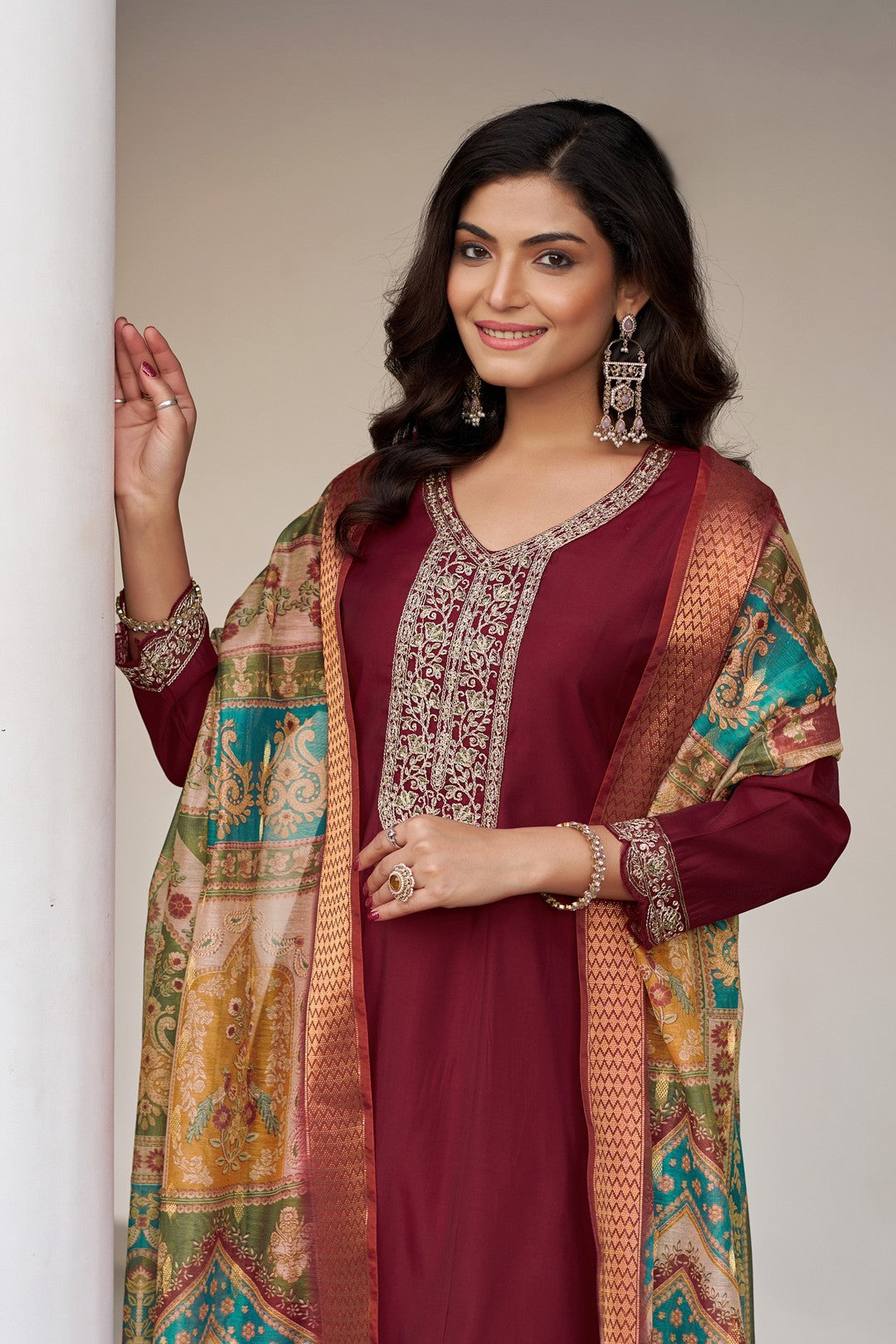 Larqi Women Chanderi Maroon 3 Pcs Set