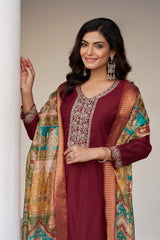Larqi Women Chanderi Maroon 3 Pcs Set