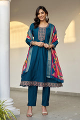 Larqi Women Chanderi Blue 3 Pcs Set