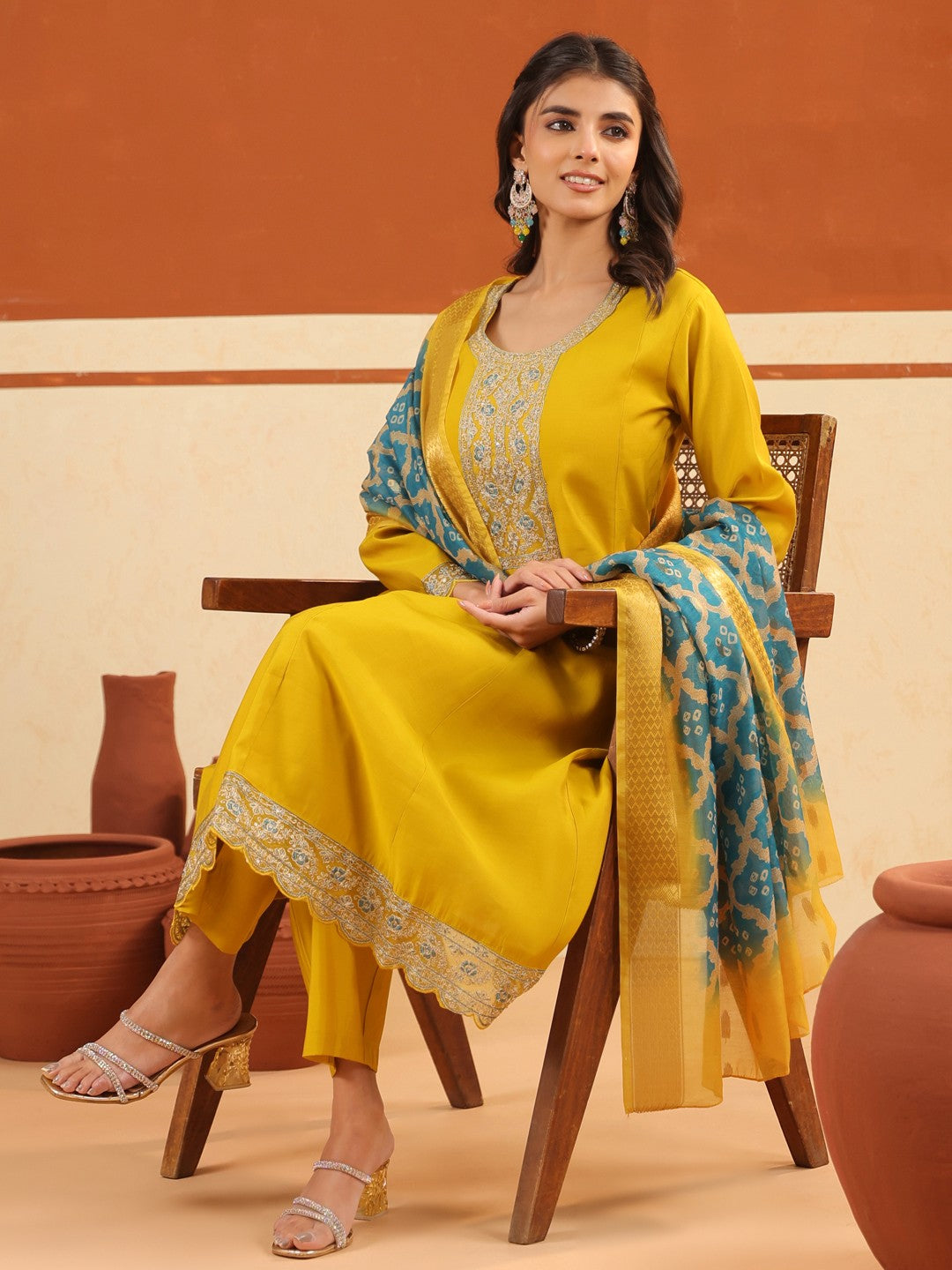 Larqi Women Chanderi Yellow 3 Pcs Set