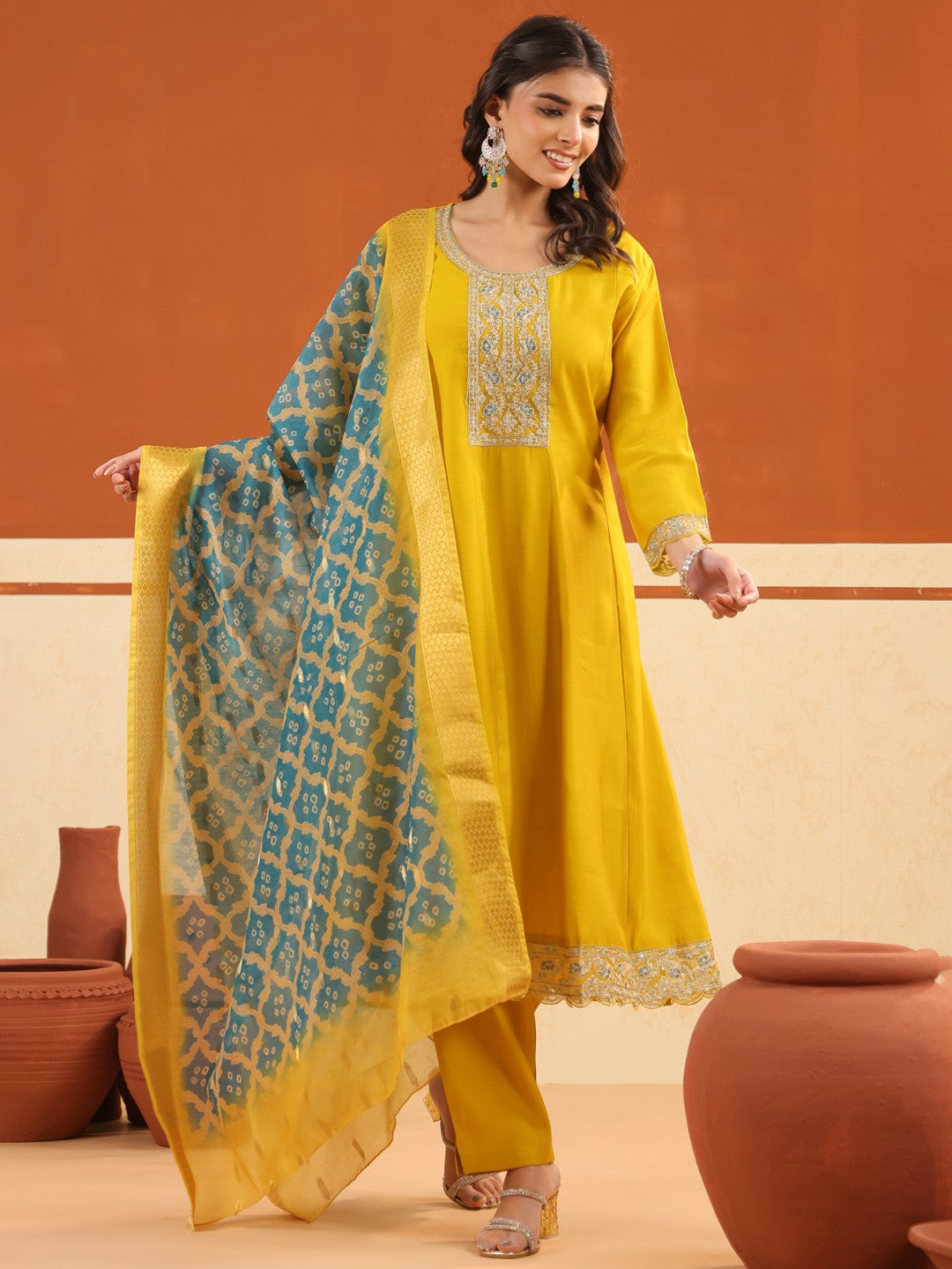 Larqi Women Chanderi Yellow 3 Pcs Set