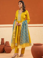 Larqi Women Chanderi Yellow 3 Pcs Set