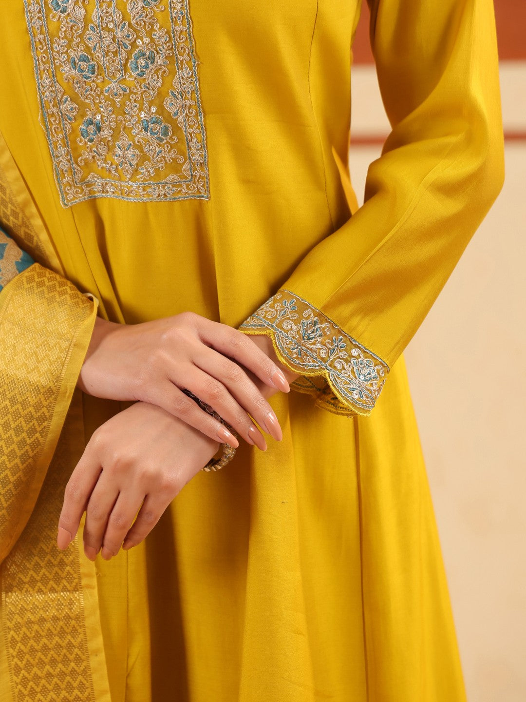 Larqi Women Chanderi Yellow 3 Pcs Set