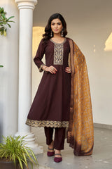 Larqi Women Chanderi Brown 3 Pcs Set