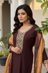 Larqi Women Chanderi Brown 3 Pcs Set