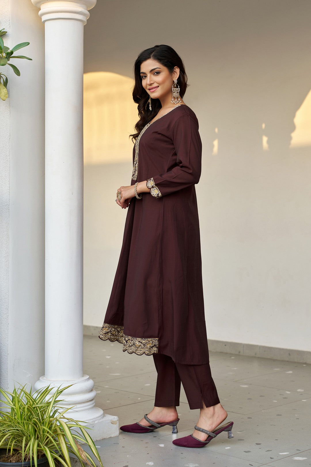 Larqi Women Chanderi Brown 3 Pcs Set