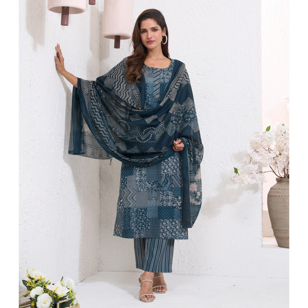 Larqi Women Pure Cotton Teal 3 Pcs Set