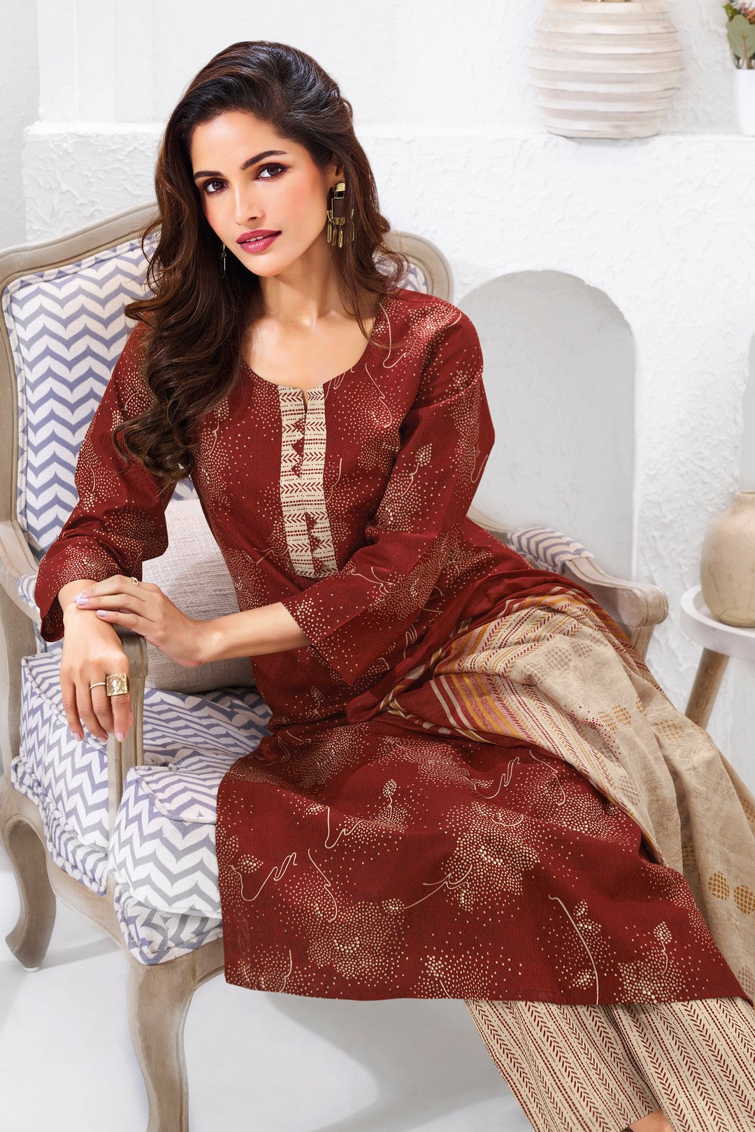 Larqi Women Pure Cotton Maroon 3 Pcs Set
