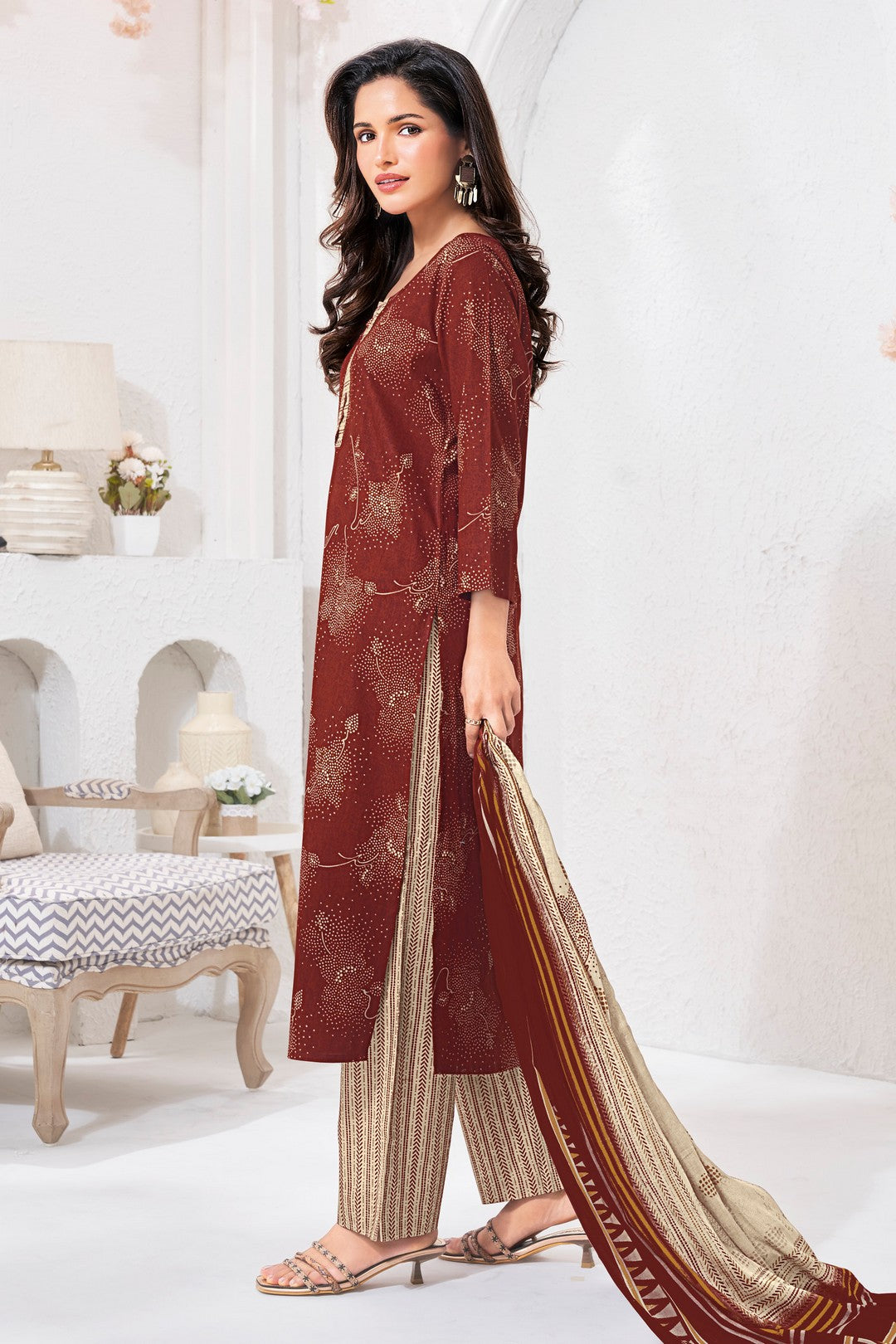 Larqi Women Pure Cotton Maroon 3 Pcs Set