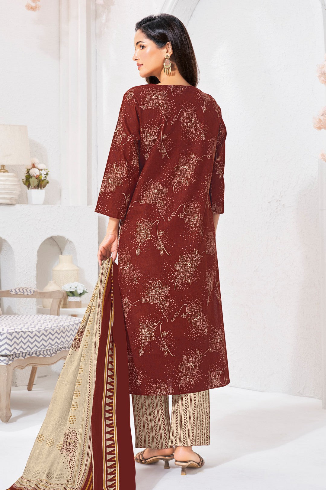 Larqi Women Pure Cotton Maroon 3 Pcs Set