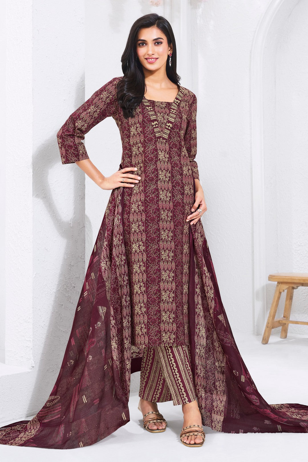 Larqi Women Pure Cotton Burgundy 3 Pcs Set