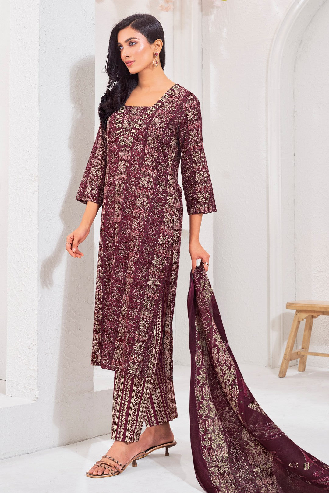 Larqi Women Pure Cotton Burgundy 3 Pcs Set