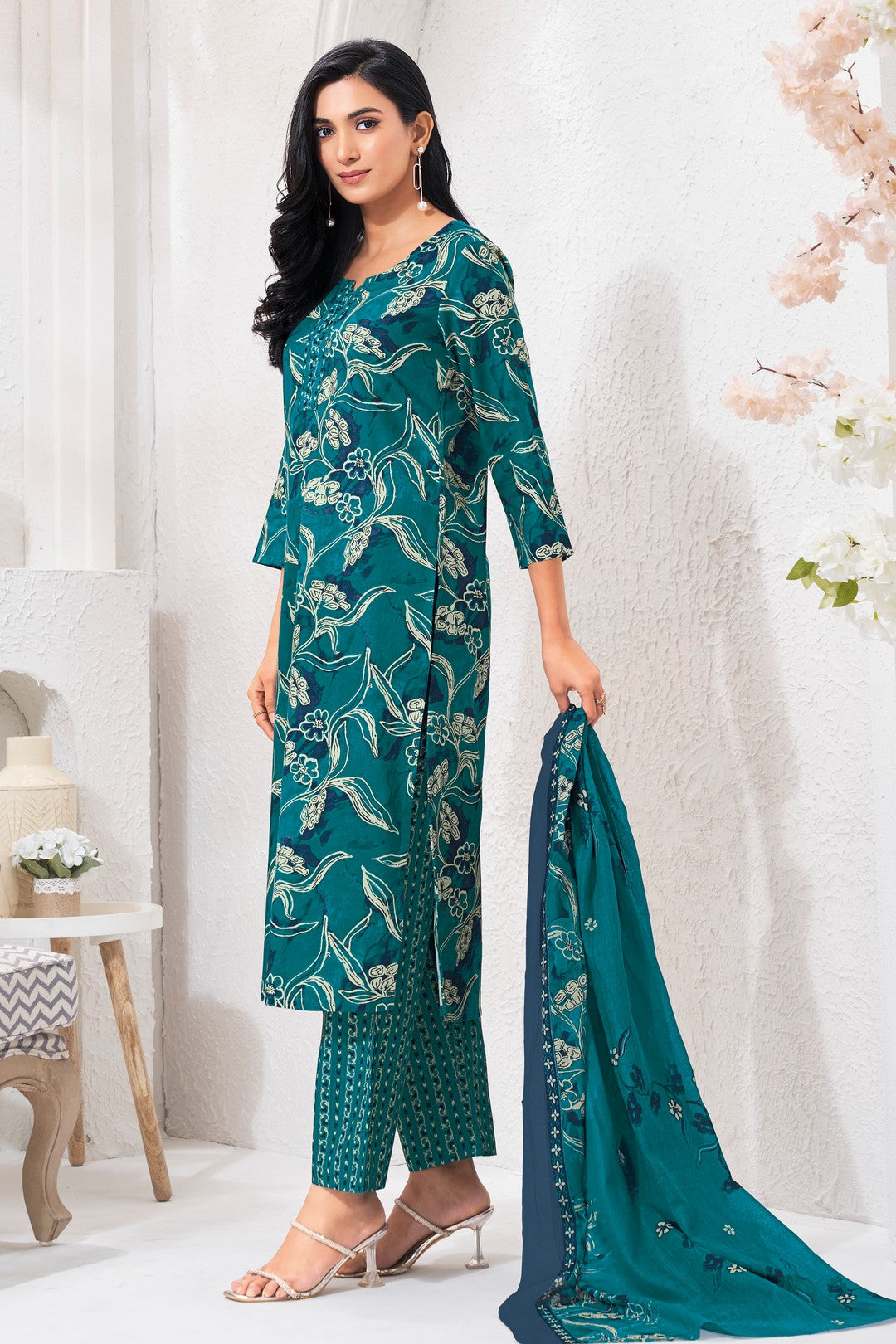 Larqi Women Pure Cotton Turquoise Blue 3 Pcs Set