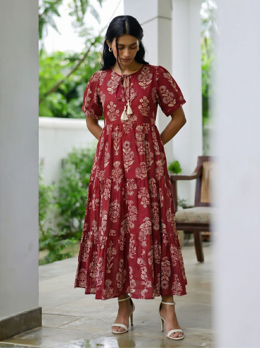 Larqi Women Cotton Floral Red Dress
