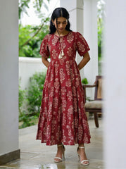Larqi Women Cotton Floral Red Dress