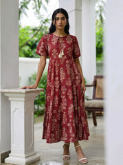 Larqi Women Cotton Floral Red Dress