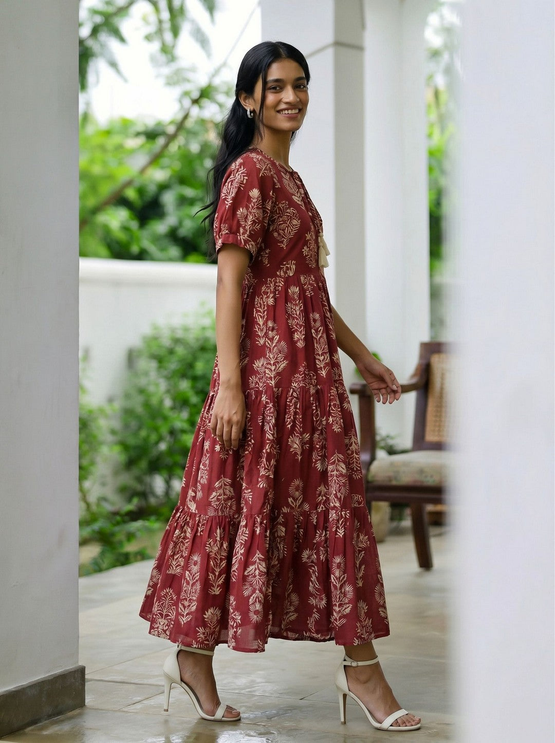 Larqi Women Cotton Floral Red Dress