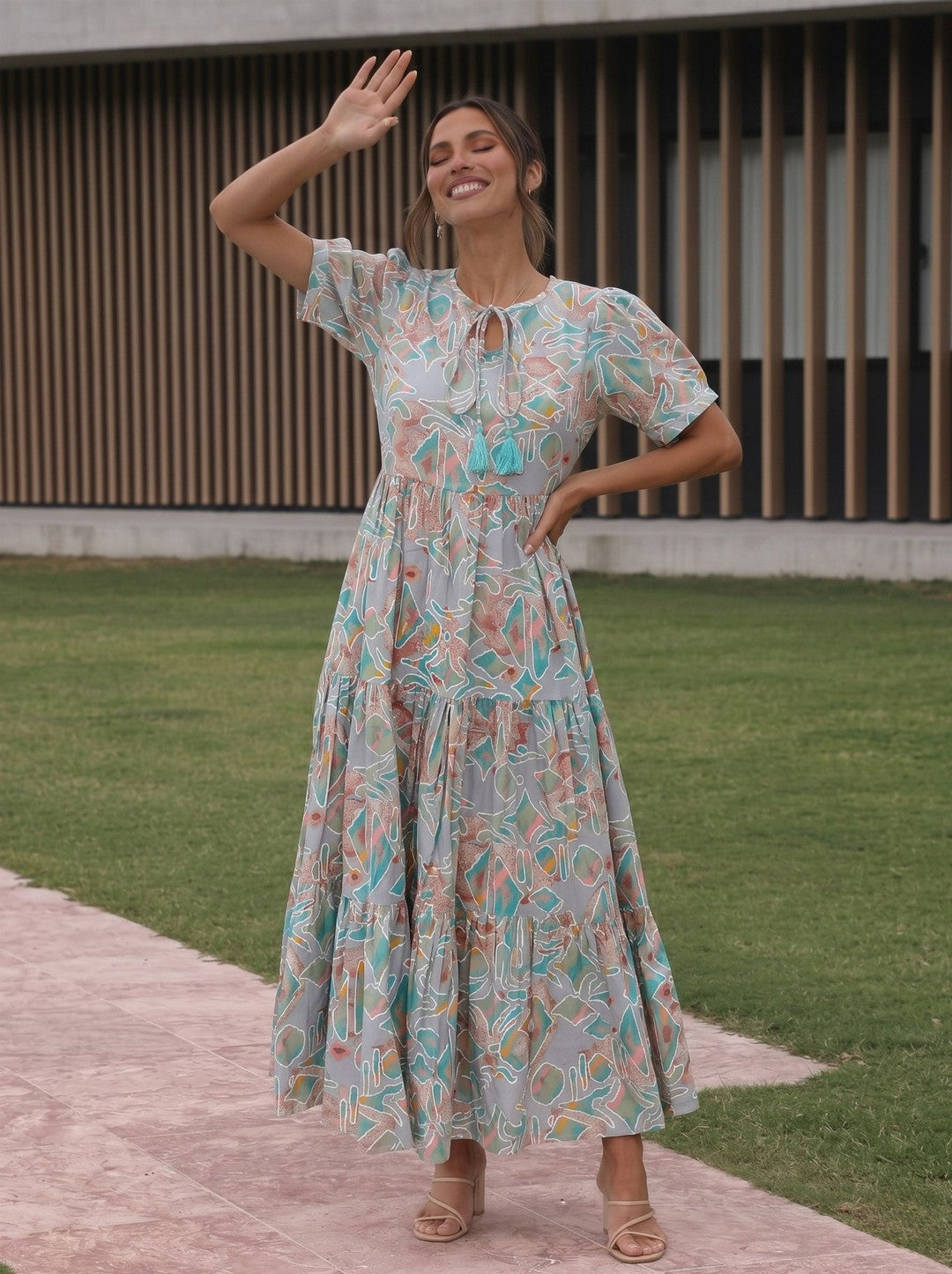 Larqi Women Cotton Floral Navy Blue Dress