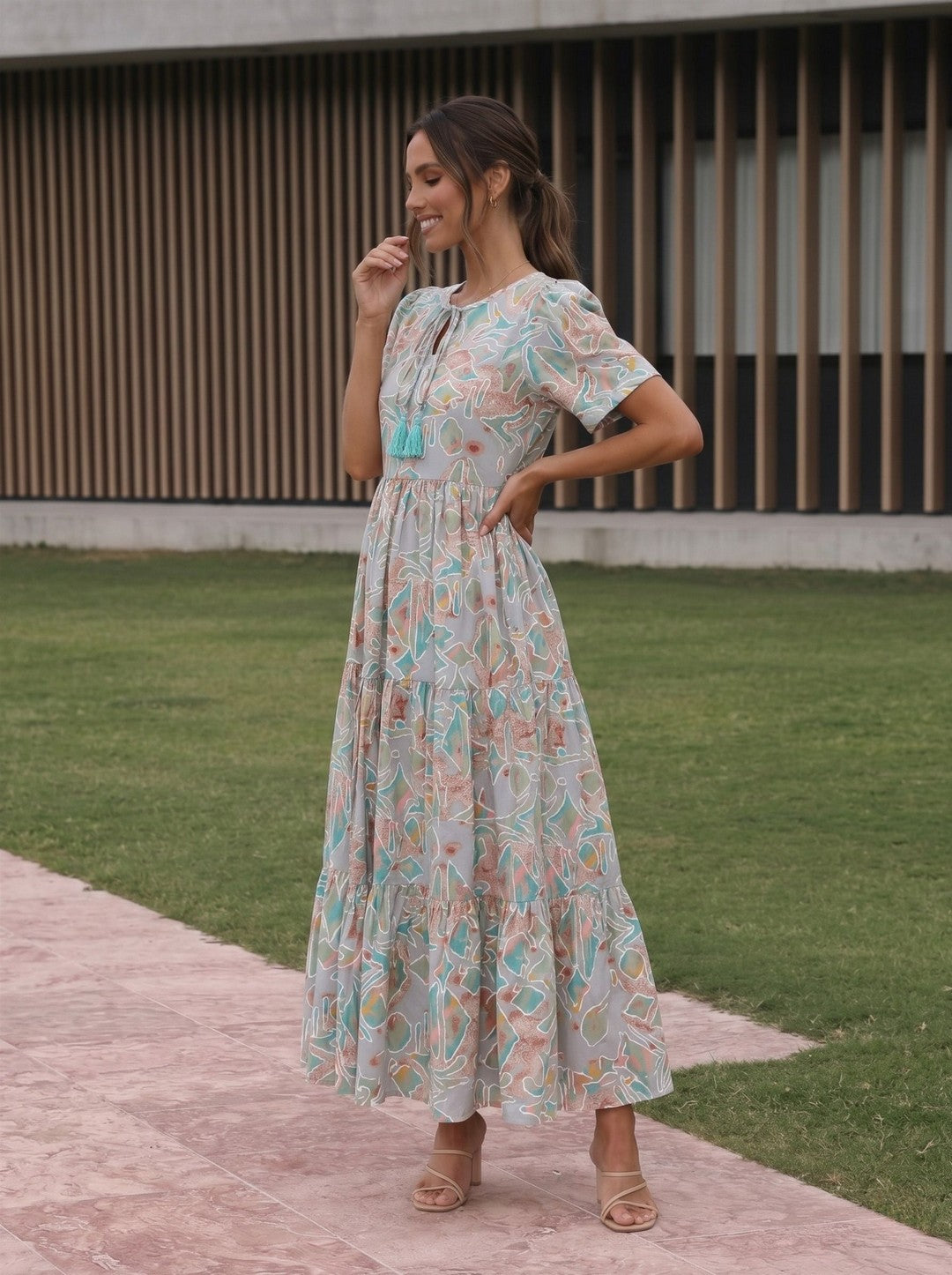 Larqi Women Cotton Floral Navy Blue Dress
