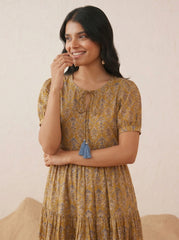Larqi Women Cotton Floral Coffee Brown Dress