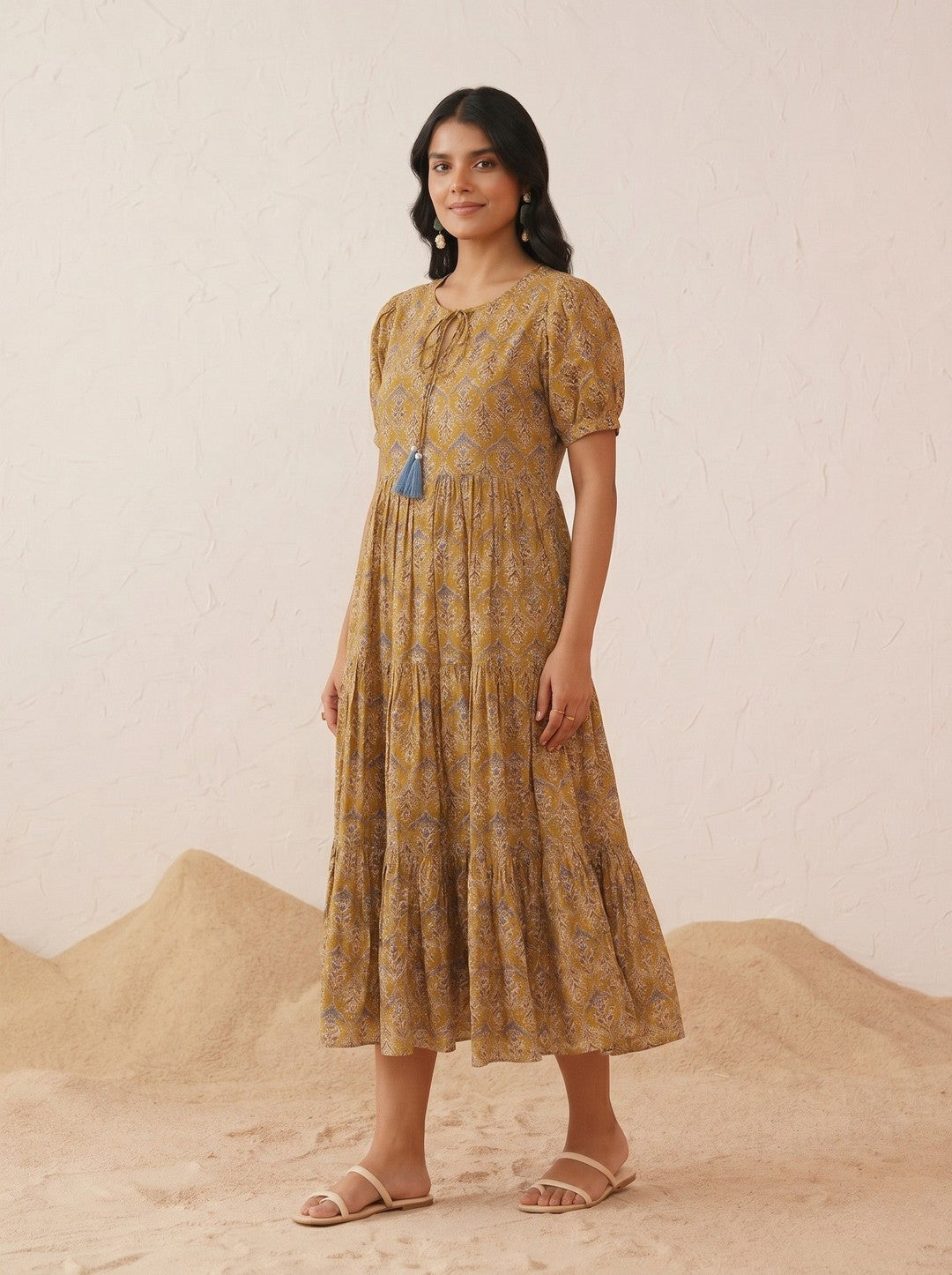 Larqi Women Cotton Floral Coffee Brown Dress