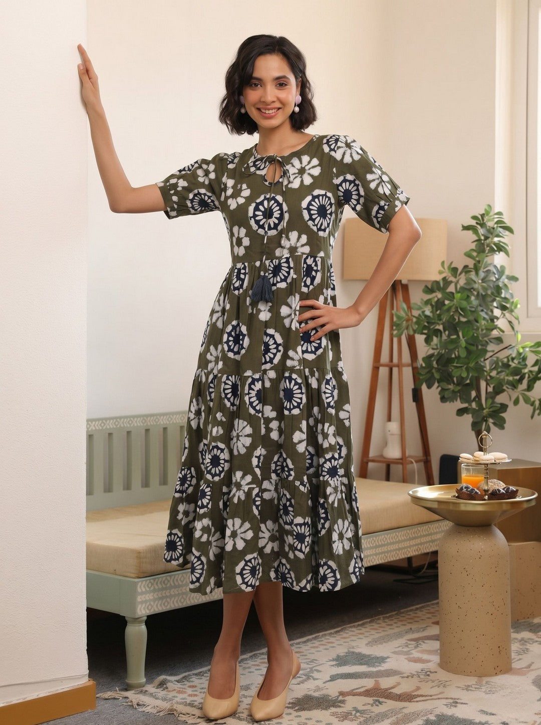 Larqi Women Cotton Floral Grey Dress
