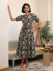 Larqi Women Cotton Floral Grey Dress